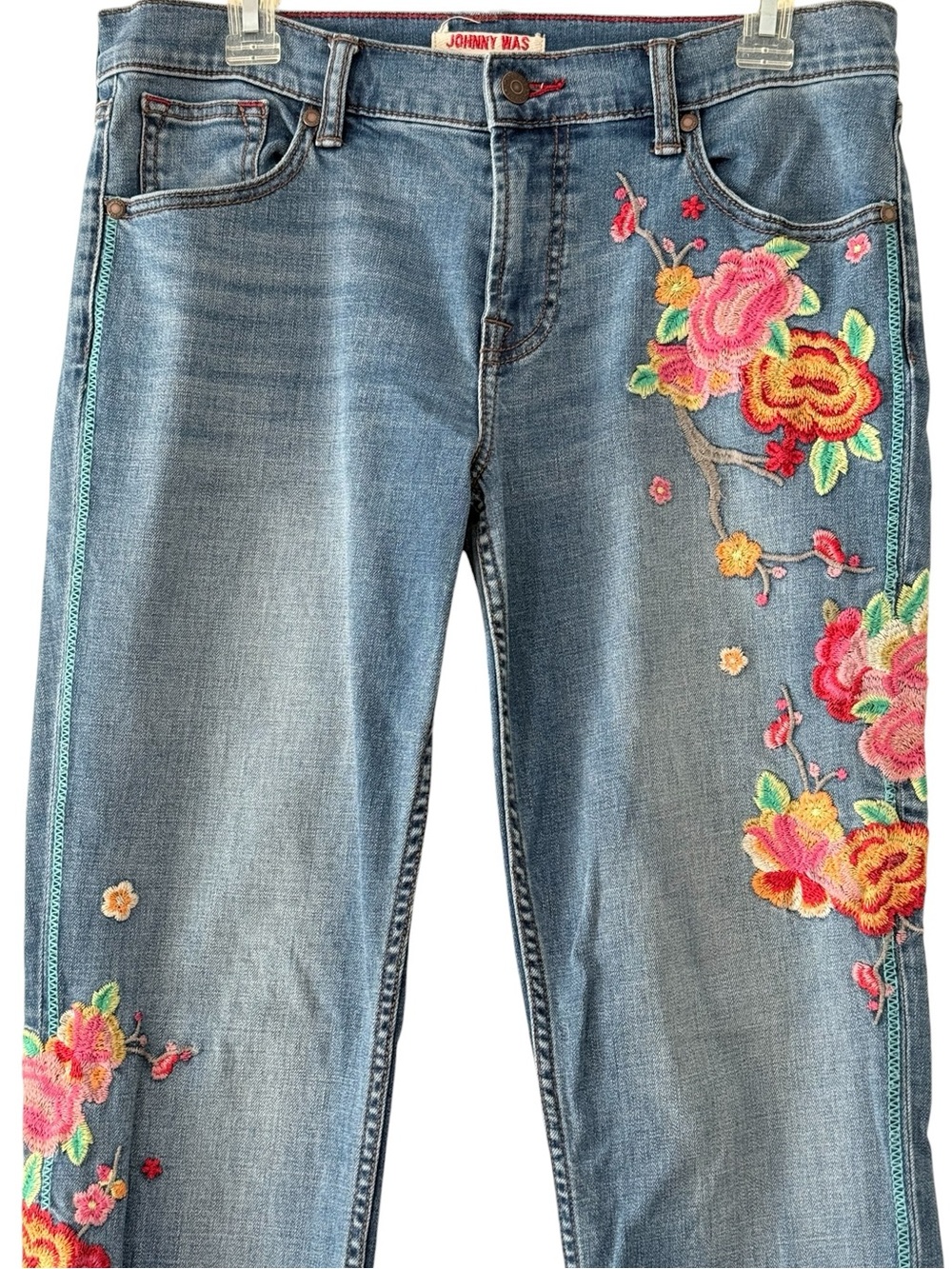 Johnny Was The Blossom Boyfriend Jean Embroidered Low Rise Straight-Leg Size 27 - Picture 5 of 13